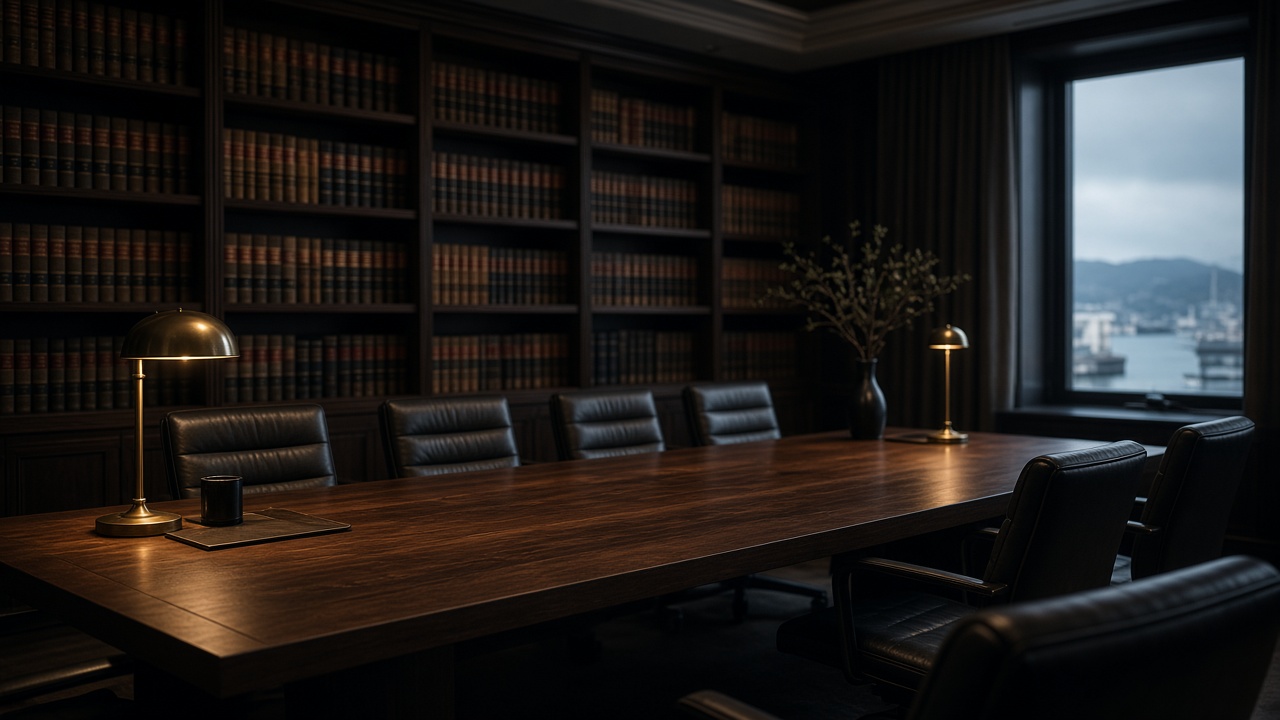 A dark conference table, leather chairs, and shelves of books, with a harbour beyond the window.