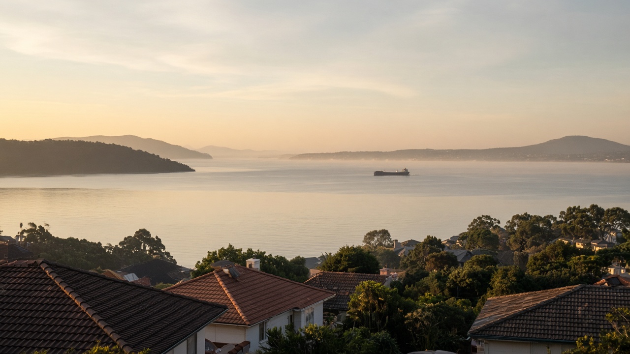 Rooftops, a harbour, and a headland in morning light.