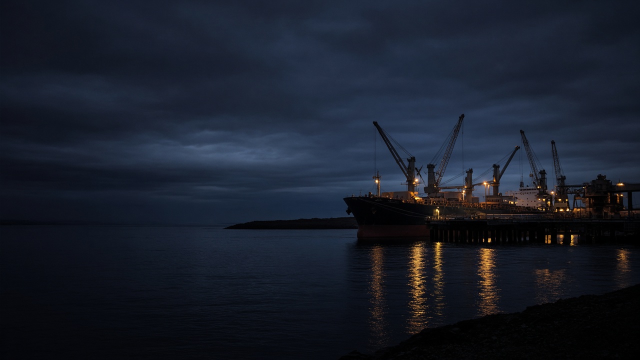 A bulk carrier alongside a wharf at dusk.